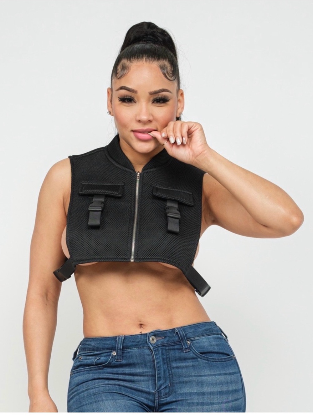 Black Stylish Tactical Crop Vest Jacket.